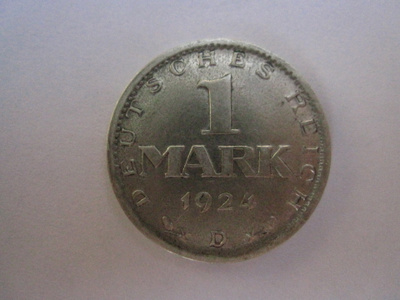 Saksa Weimar 1 mark 1924 D hopeaa