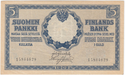 5 Markkaa 1909 Vesileimalla, kl.4