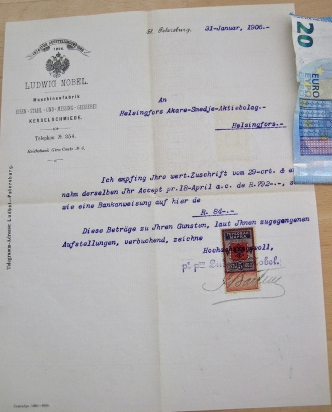 Lasku? tms Venäjä Ludwig Nobel 1907 Suomeen KIVA Leimamerkki