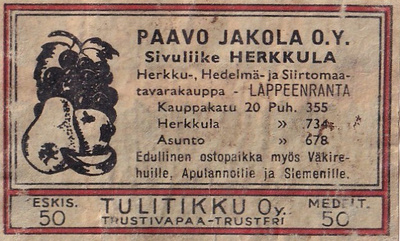 Lappeenranta, Paavo Jakola O.Y. Tulitikku Oy  b490
