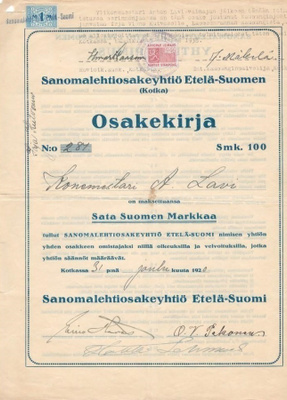 OKK 1920 Sanomalehti Oy Etelä-Suomen, Kotka osakekirja