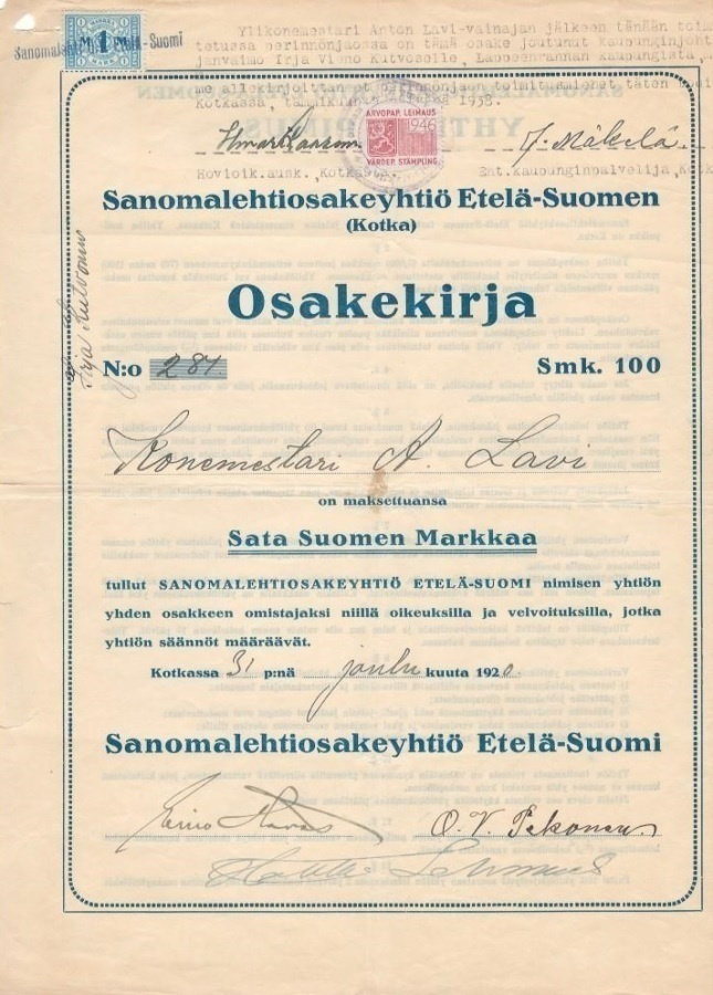 OKK 1920 Sanomalehti Oy Etelä-Suomen, Kotka osakekirja