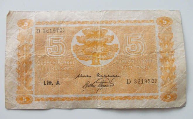 Sota-ajan 5 markkaa 1945 Suomen pankki