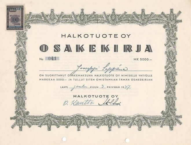 OKK 1947 Halkotuote Oy, Lahti osakekirja