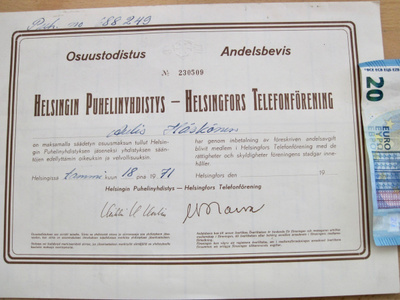VANHA Osuustodistus HPY Puhelinyhdistys Helsinki 1971