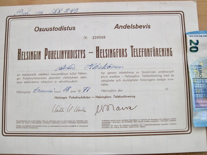 VANHA Osuustodistus HPY Puhelinyhdistys Helsinki 1971