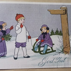 Lapset ja kelkka, havuja, tienviitta - minneköhän? p. 1912 - pikkukuva 1