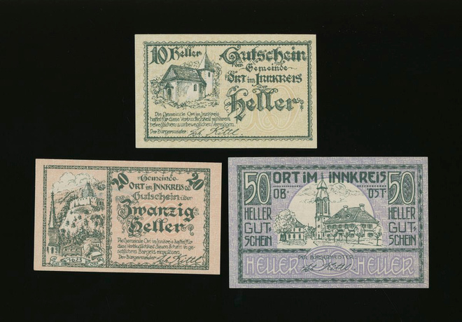 Itävalta Notgeld 10, 20, 50 Heller, Ort im Innkreis 1920