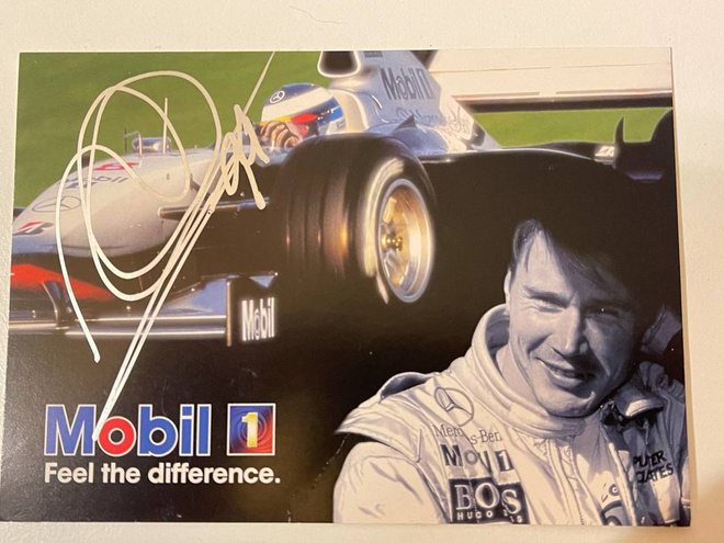 Mika Häkkinen nimikirjoitus postikortissa