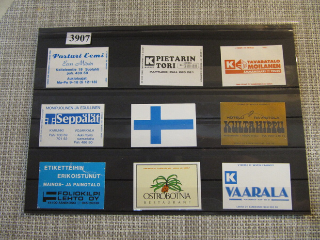 Tulitikkuetikettejä 9 kpl. Mm. K.Pietarin Tori Pattijoki.