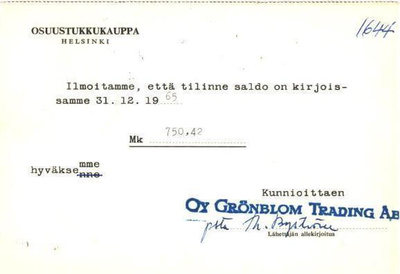 FIRMAKORTTI GRÖNBLOM TRADING HELSINKI
