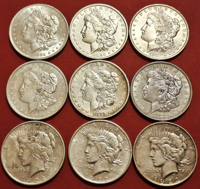USA 9 x 1 $ silver: 6 x Morgan Dollar + 3 x Peace Dollar.