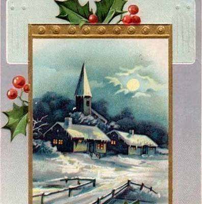 ANTIIKKIKORTTI / Kirkko ja talot kuutamossa - taulu. 1900-l.