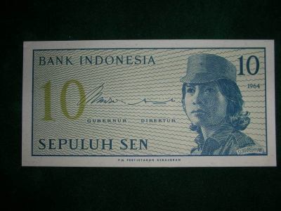 Vanha seteli Indonesia 10 sen 1964