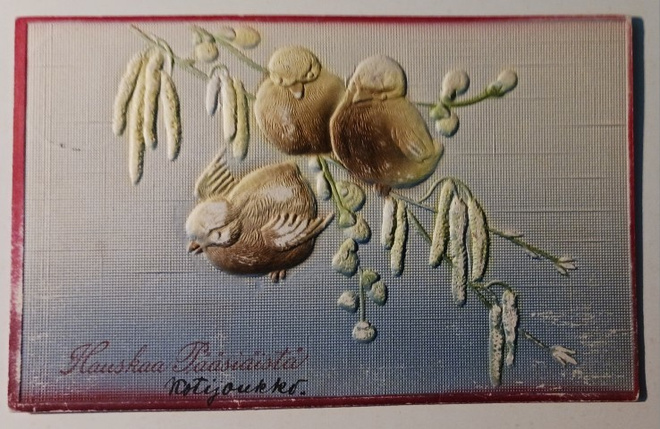 Pikkulinnut puun oksalla, kohopaino, väritys, p. 1911