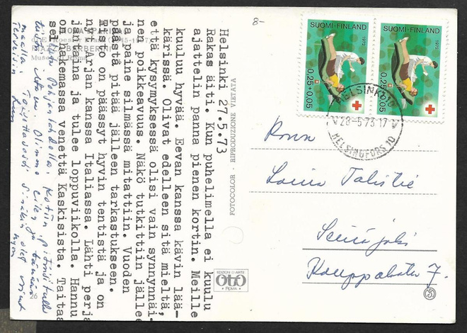 Postilähetys - Pun.risti 1972 (LAPE 2x706) Helsinki 28.5.73