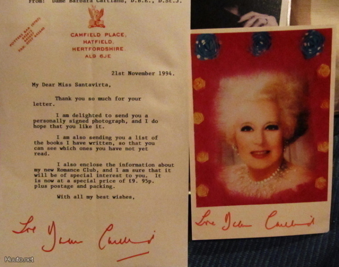Barbara Cartland kortti nimikirjoituksella