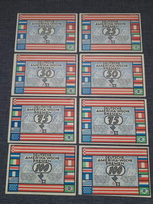 Täydellinen 8 setelin Notgeld-sarja 1923 Bremenistä
