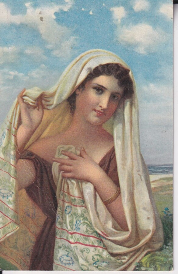 Nainen, piirros by  Hugues Merle ,  wanha kortti  e57