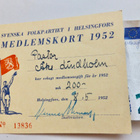 Jäsenkortti Ruotsalainen Kansanpuolue Helsinki 1952 KOMEA - pikkukuva 1