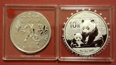 2 x 1 oz hopeaa: Panda + Kanada Jääkiekko (9999). (KD10).