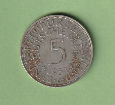 Saksa - 5 markkaa 1951 -sis. hopeaa 62,5 %