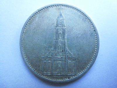 Natsi-Saksa 5 Reichsmark 1934 D Potsdam Garrison Church
