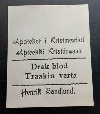 Apteekki Henrik Sandlund Kristiinank. Traakin verta