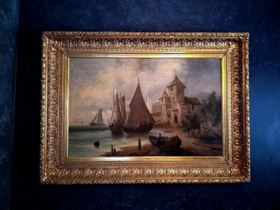 Museotasoinen öljymaalaus ”Purjelaivat satamassa”, 1800-l.
