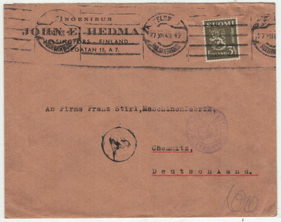M30 1942 3,5mk kirje Saksaan