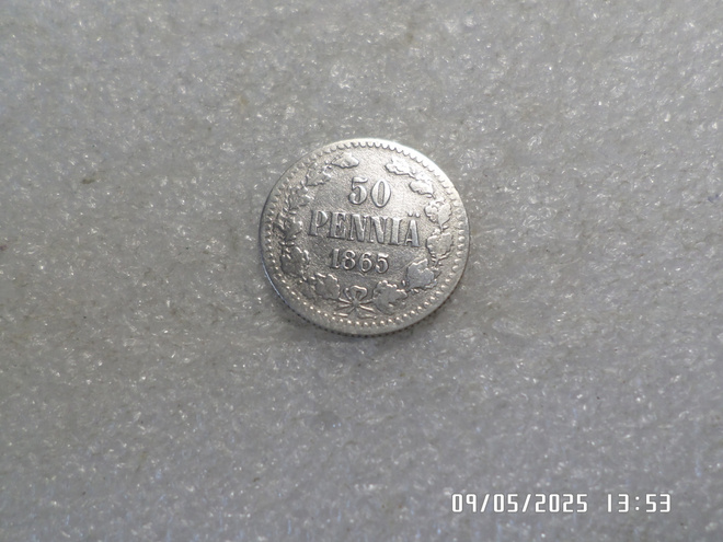 50  penniä  1865  hopeaa   kulkenut   raha.