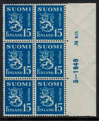 1948 15 mk sininen leijona nro-6lo 835 ++