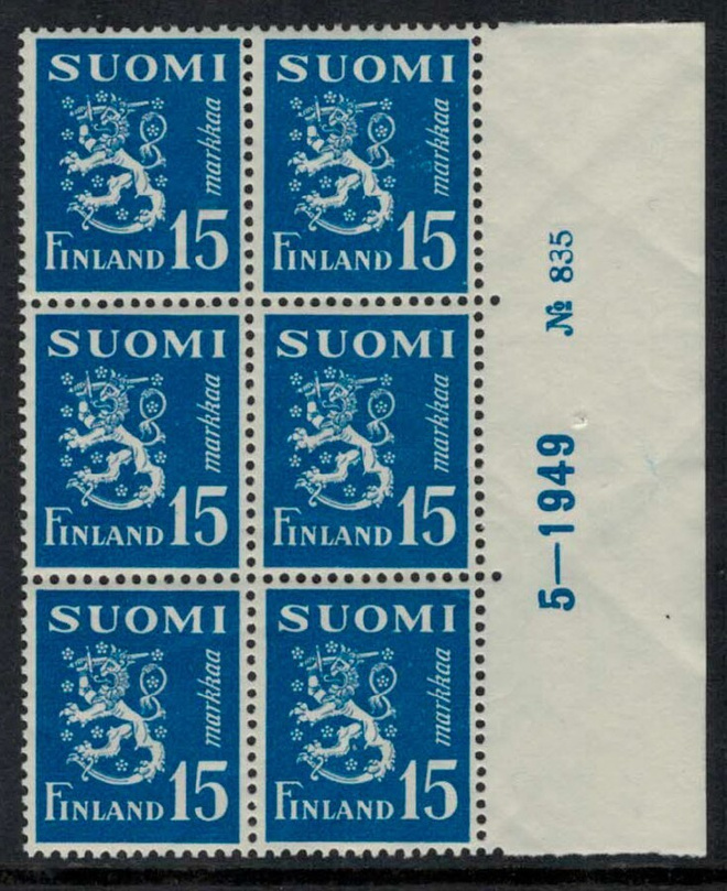 1948 15 mk sininen leijona nro-6lo 835 ++