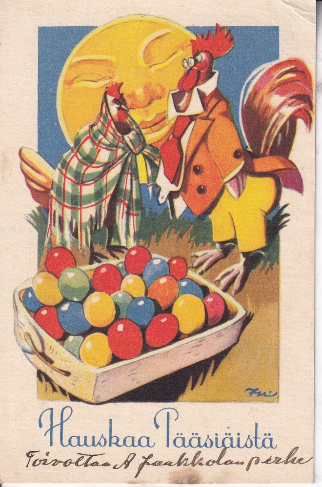 Hauskaa Pääsiäistä. Kukko, kana ja munat   . e247