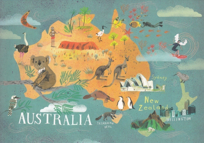 Maanosat kartta Australia (isohko postikortti)
