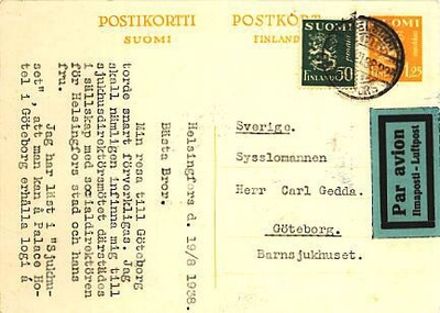 1932 1,25 mk ehiö ja 50p vihreä lentokortti Ruotsiin