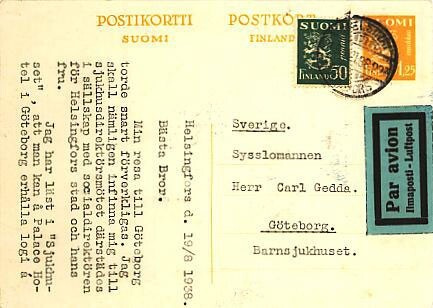 1932 1,25 mk ehiö ja 50p vihreä lentokortti Ruotsiin