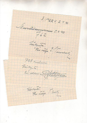 Muonatilaukset 7 lappua + kiitoslappu lotille, 1940.