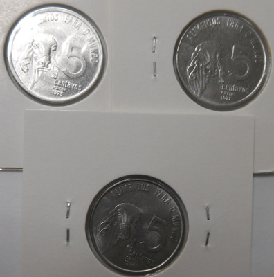 Brazil. 5 centavos 1975, 1976, 1977.