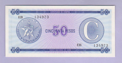 Kuuba 50 Pesos Serie C v.1985- UNC (Certificado de Compra)