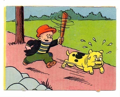 Sagokonst 34 / SATUNELKKU: Poika jahtaa bulldogia. 1950-l.