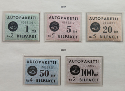Autopakettimerkit 1mk,5mk,20mk,50mk,100 mk vuodelta 1949.**