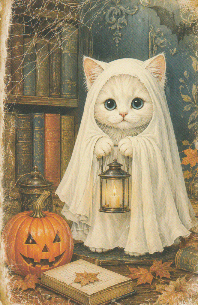 Halloween pienellä valkoisella kissalla kummitusasu