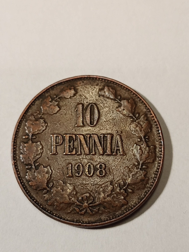 * 10  penniä * 1908 *  Copper/Kupari *1+