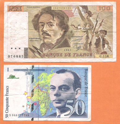 Ranska setelit: 100 Francs 1987 ja 50 Francs 1997