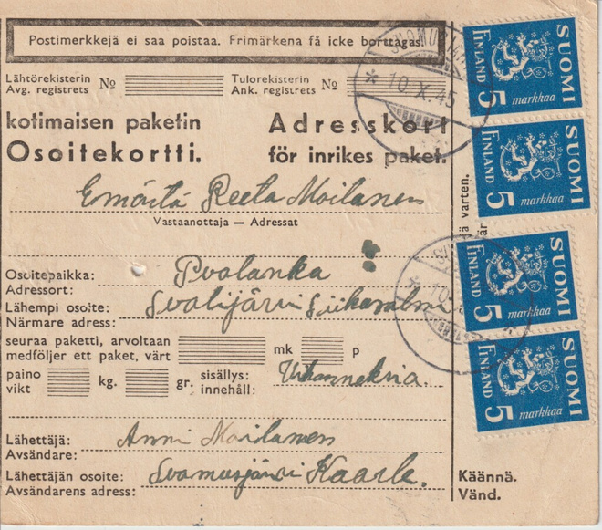 1945 Kotimaisen paketin os.kortti Suomusjärveltä>Puolankaan