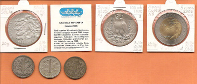 Suomi juhlarahat: 1985, 1990 ja 5e/2005+ kolme kolikkoa