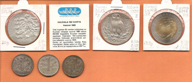 Suomi juhlarahat: 1985, 1990 ja 5e/2005+ kolme kolikkoa