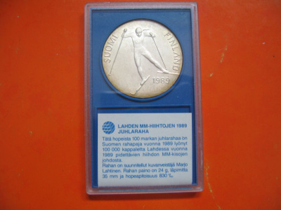 100 mk hopea juhlaraha Lahden MM-hiihdot - 1989