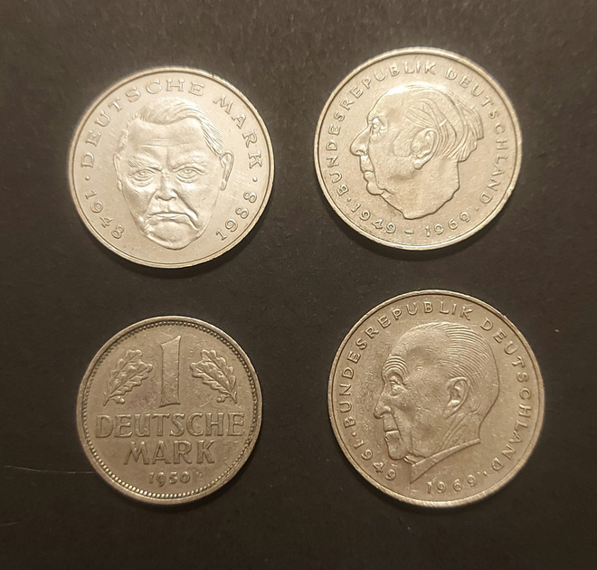 Saksa 1 DM ja 2 DM kolikot 4 kpl (1950–1988)